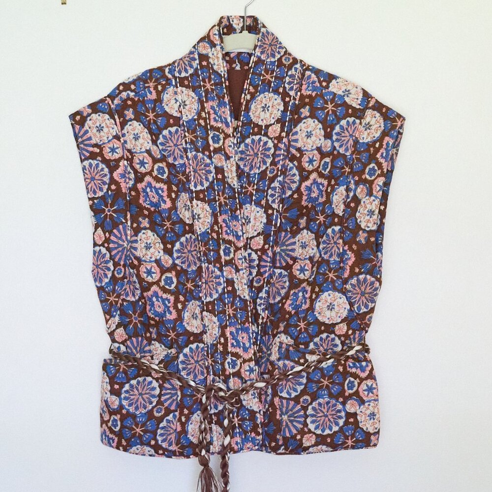 Free People White and Purple Sleeveless Vest with Tie Front